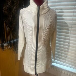 NWOT VENUS Womens Sweater Zip Up Faux Leather Trim Long Sleeve Cream size medium